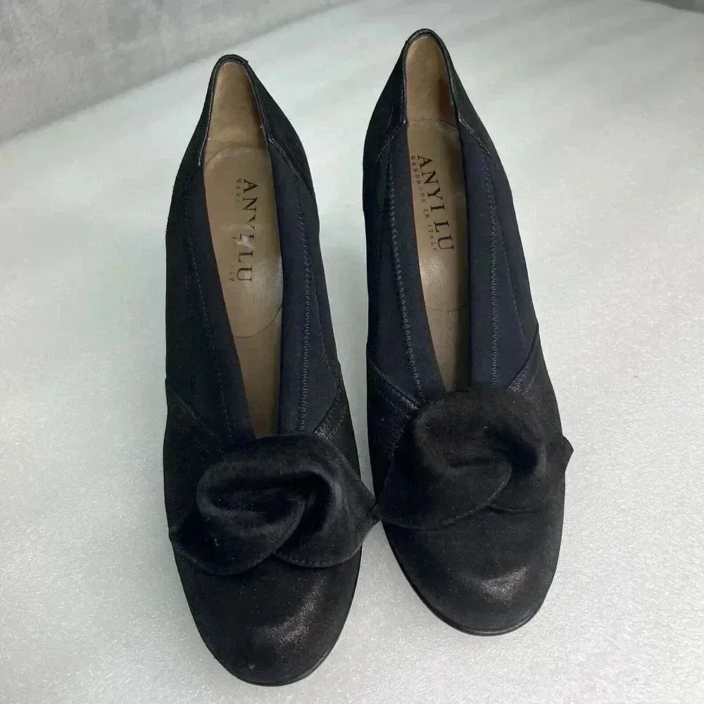 ANYI‎ LU Hand Made Italy Heels Black Fabric Metallic Leather Bow Detail Formal 9